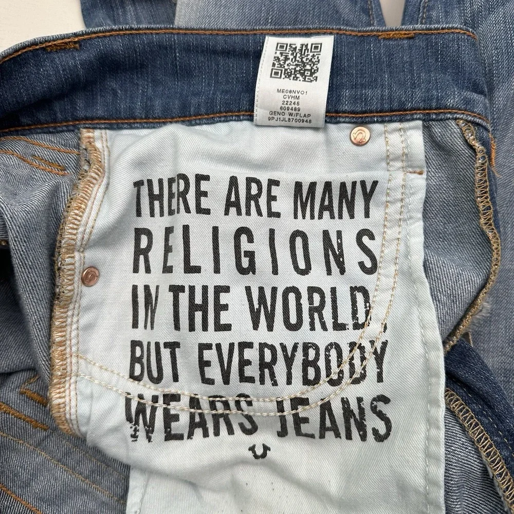 True Religion Geno Flap Relaxed Slim Jeans Mens 33x34 Distressed Blue Stretch